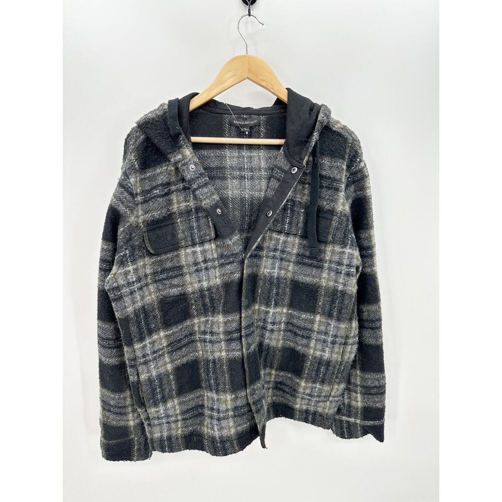 Banana Republic Men Gray Plaid Hooded Shirt Jacket Polyester Wool Size Large